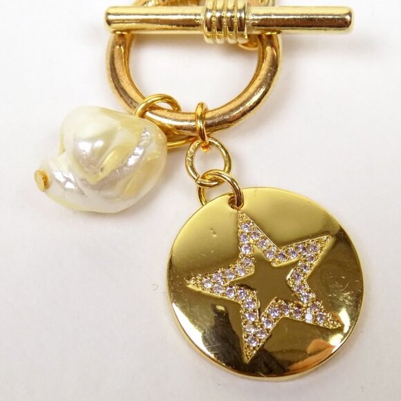 new in box! charm necklace link chain toggle clasp pearl disc star pendant - Picture 5 of 7